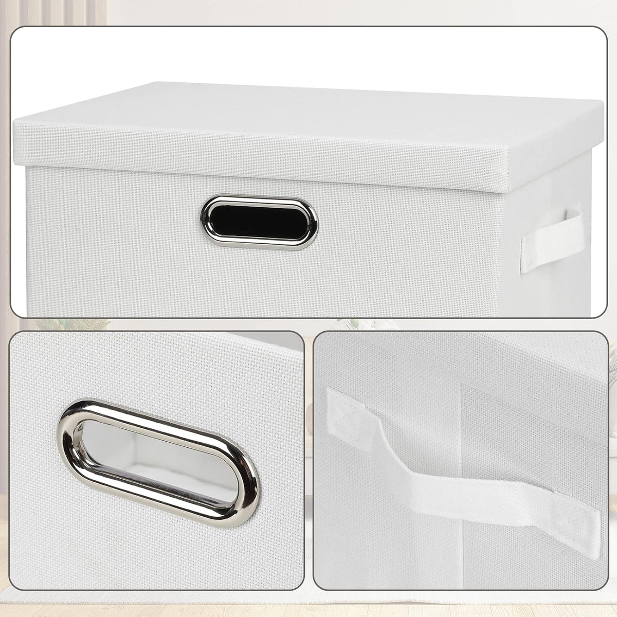 Medium 15" 21 Quart Collapsible Stackable Storage Bins with Lids, 1 Pack White Foldable Fabric Closet Storage Boxes with Lids, 4 Handles Heavy-duty Linen Cube Baskets for Bedroom
