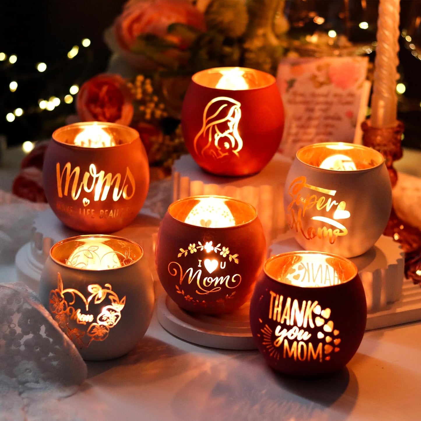 Engraved Pink Glass Tealight Candle Holders Set, Decorative Votive Holders for Table & Shelf Decor