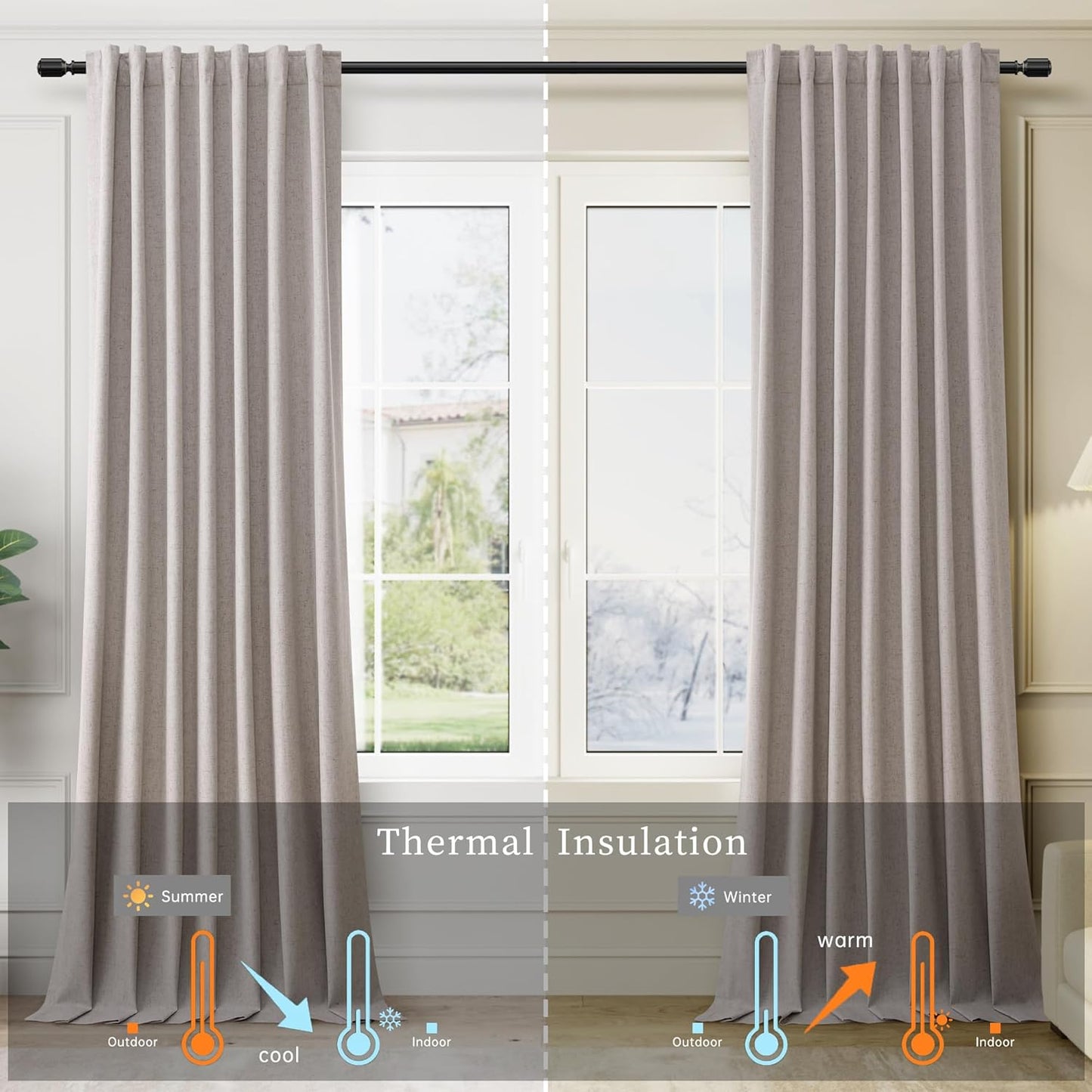 BOODII 108 Inch Black Out Curtains 2 Panels Set Back Tab Thermal Insulated Natural Linen Textured Blackout Curtains Noise Reducing Brownish Grey Neutral Living Room Darkening Window Drapes 52x108