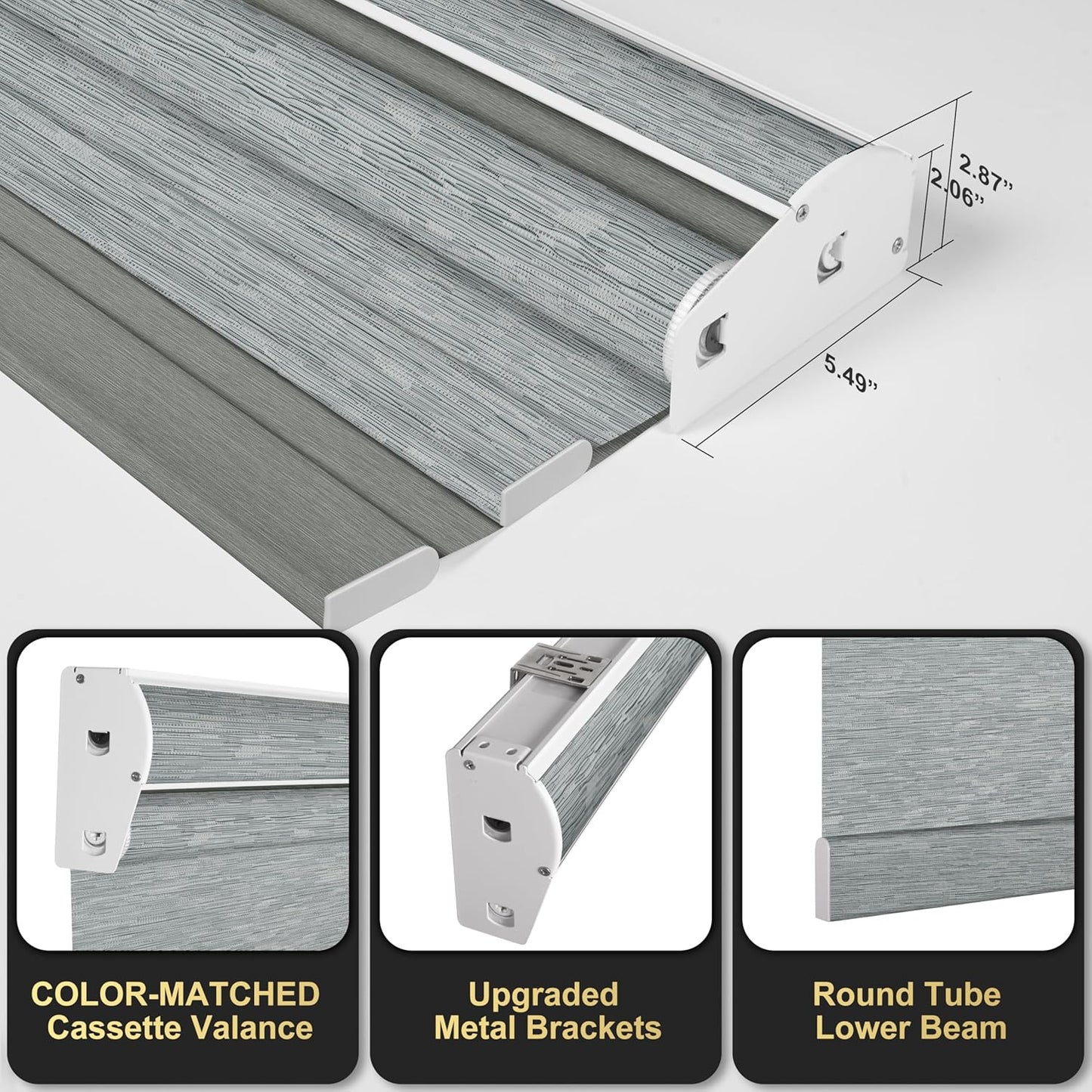 BERISSA Cordless Dual Roller Shades With Cassette Valance, Blackout and Light Filtering, Day and Night for Home Office Door - Striped Jacquard Grey, 52 W x 64" H