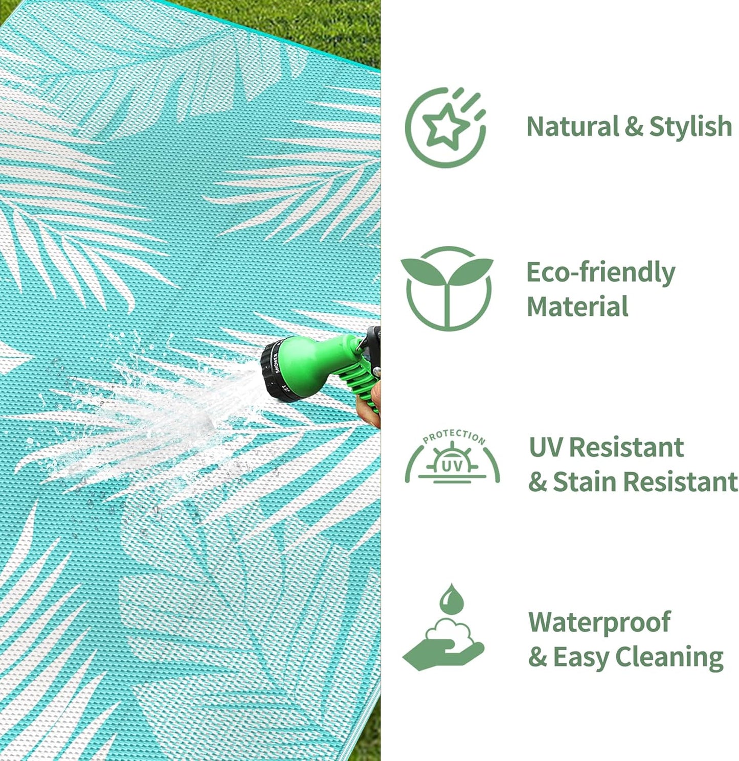 GENIMO Outdoor Rug 6' x 9' Waterproof for Patios Clearance, Reversible Outdoor Plastic Straw Camping Rug Carpet, Large Area Rugs Mats for RV, Camper, Deck, Balcony, Porch, Beach, Aqua Blue&White