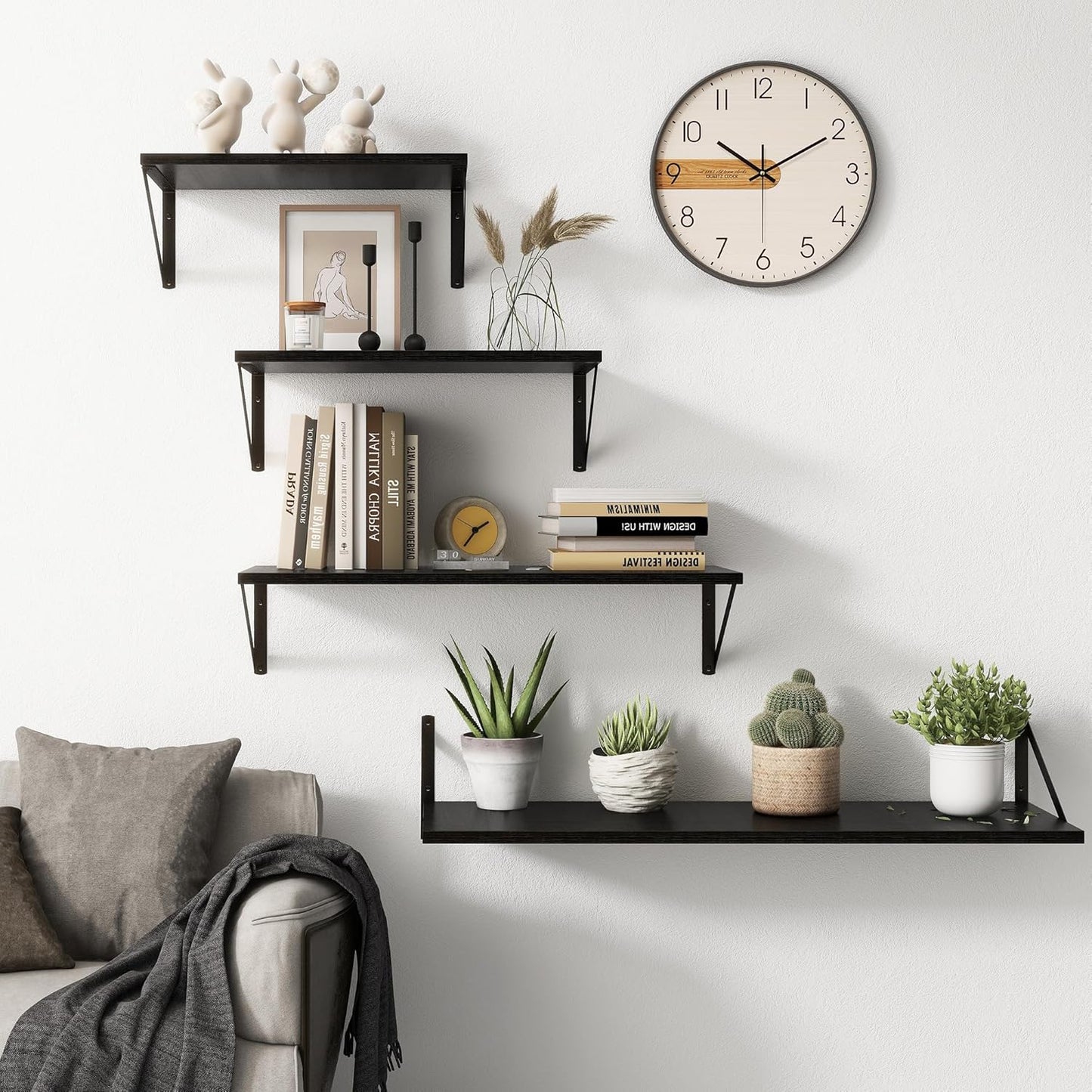 Fun Memories 40 Inch Floating Shelves, 10 Inch Deep Wall Shelf, 40 x 10 Floating Shelf Set of 2, Black Wood Floating Shelf Wall Mounted, Large Kitchen Living Room Bedroom Storage Shelves