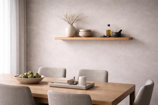 Floating Shelf Arrangement That Maintains Spatial Balance and Visual Stability