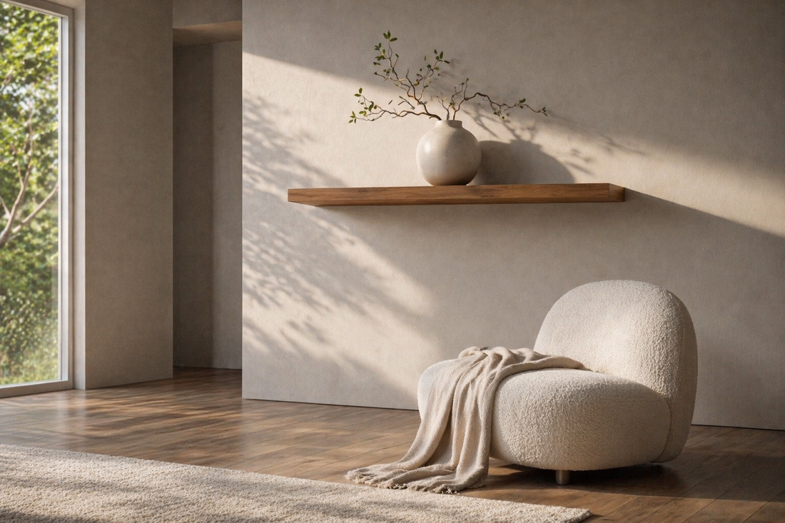 floating shelf, soft indirect light, and gentle shadow distribution creating a stable and calm visual structure.