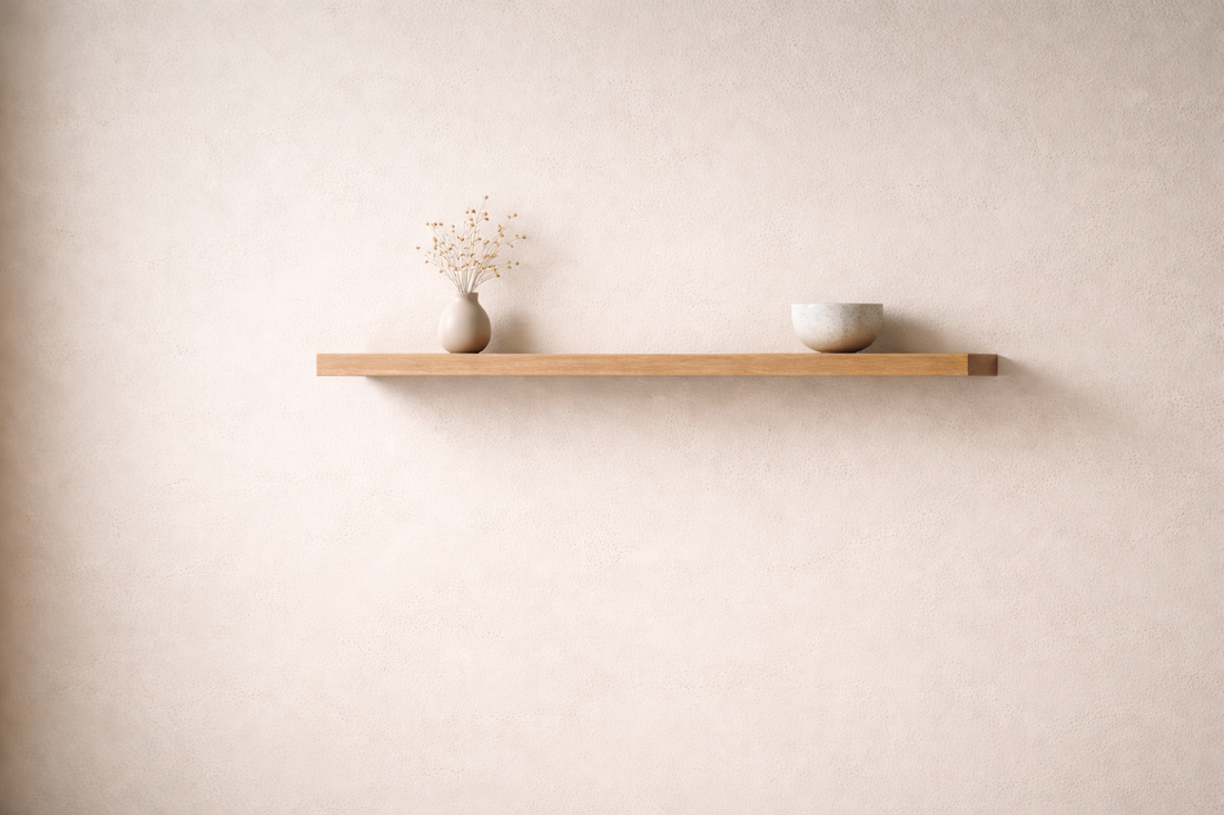 Clean wall with a light floating shelf and minimal decor