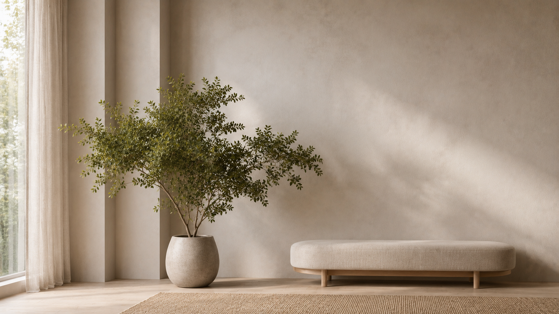 Faux greenery with wide organic foliage placed beside a low bench creating calm visual flow in a minimal interior.
