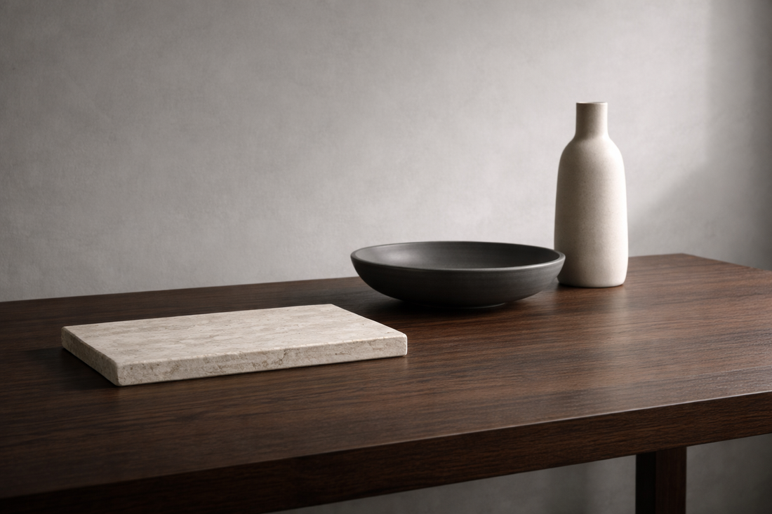 Best minimal table decor for daily use featuring a travertine stone tray, black ceramic bowl, and neutral vase on a dark wood table