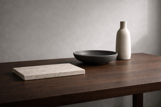 Best minimal table decor for daily use featuring a travertine stone tray, black ceramic bowl, and neutral vase on a dark wood table