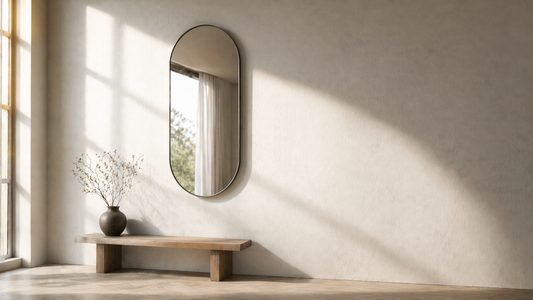 Mirror reflecting soft daylight across a neutral wall, creating even illumination and a balanced, calm interior