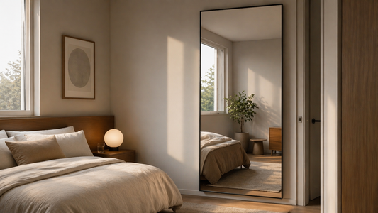 Compact room with a mirror placed to reflect light and widen the visual field.