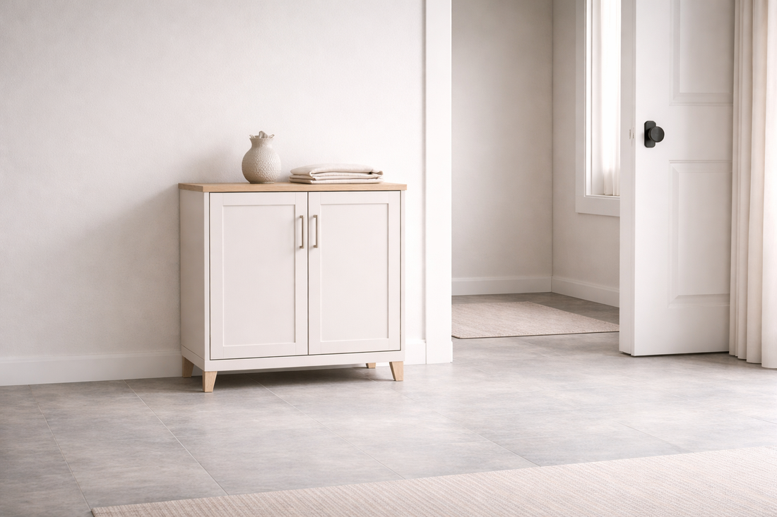 Best structured storage for small spaces featuring a white minimal cabinet with wooden top in a bright hallway