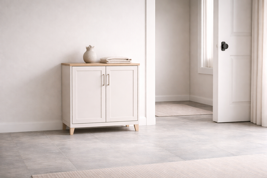 Best structured storage for small spaces featuring a white minimal cabinet with wooden top in a bright hallway