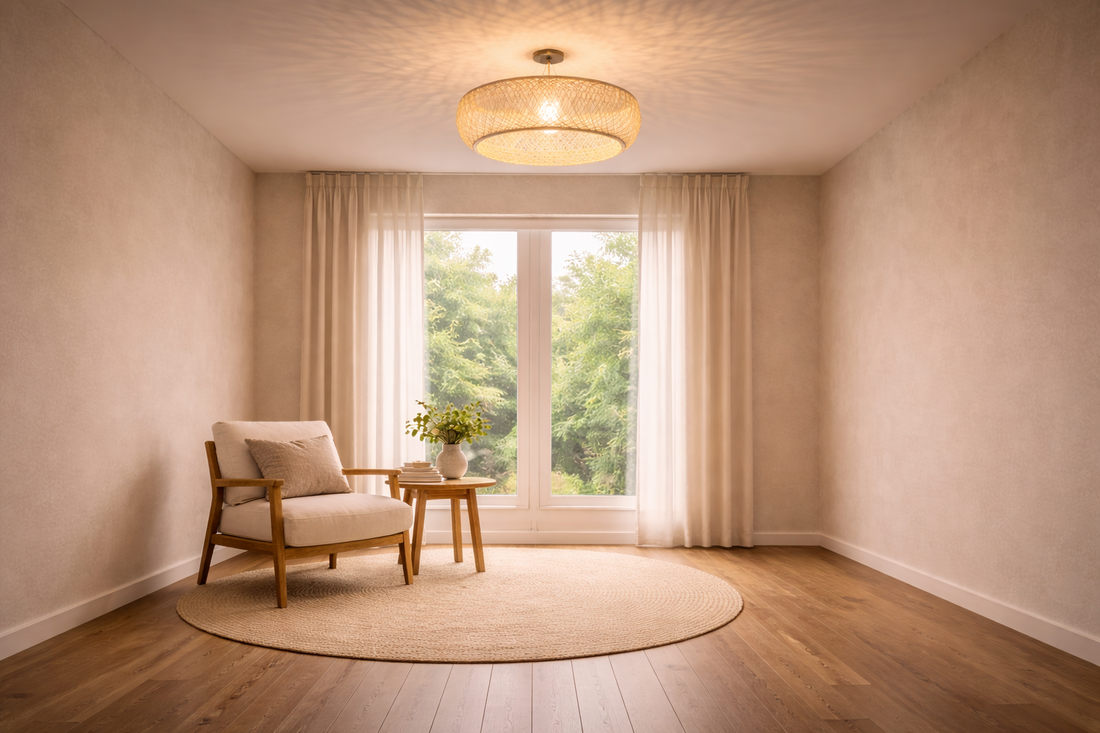 Woven ceiling light positioned centrally, diffusing indirect light evenly across the room to create balanced illumination.