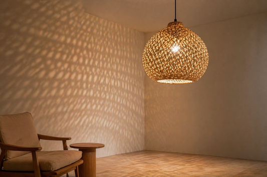 Neutral room with woven ceiling light creating soft diffused shadows and warm ambient lighting.