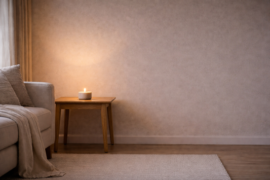 alt text Minimal living room corner with a single candle on a wooden side table, soft indirect light spreading across a neutral wall creating a calm and peaceful atmosphere