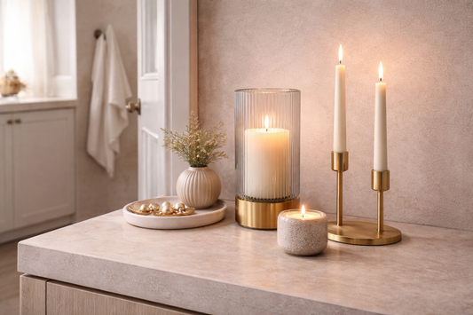 Modern candle holders arranged on a neutral surface, designed to elevate interior atmosphere through structured candlelight.