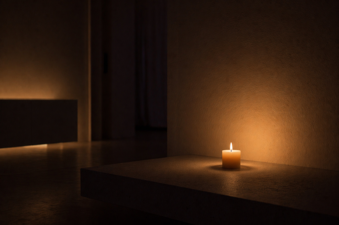 Darkened room with candlelight creating a calm and stable visual environment.