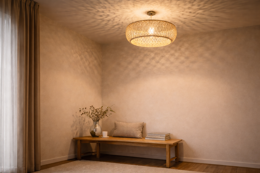 Woven ceiling light diffusing indirect light and casting layered shadows across the ceiling, creating depth and balanced vertical space.