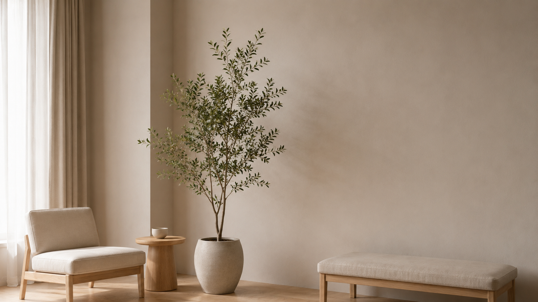 Faux greenery placed in a minimal neutral room softening rigid interior lines and improving spatial balance.