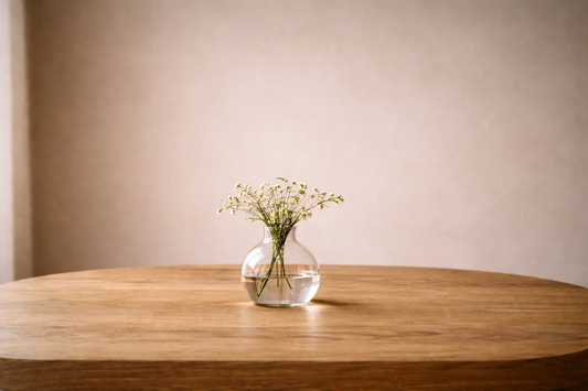 Low transparent glass vase centered on a wooden table, grounded by soft shadows and diffused light creating visual stability.