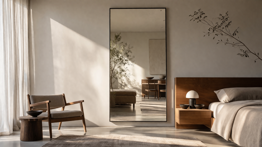 aligned mirror reflecting indirect light across layered space creating expanded depth and soft shadow balance