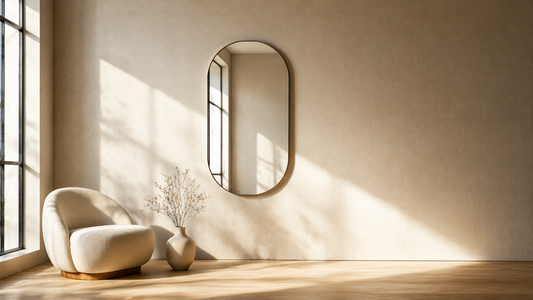 Mirror reflecting natural light across a neutral wall, showing soft indirect light distribution and balanced spatial depth.