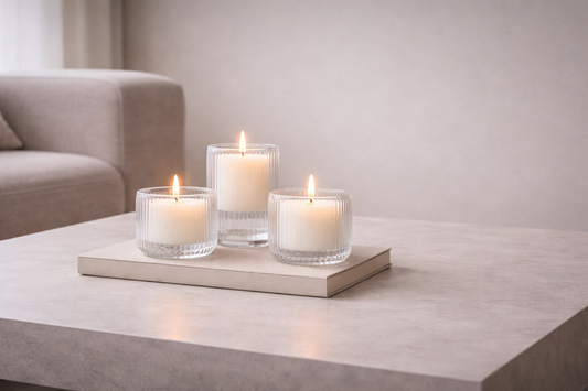 Modern candle arrangement that builds visual balance in calm interiors