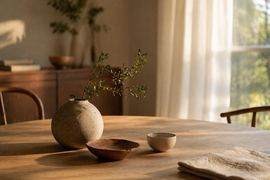 Clean table with natural elements under soft indirect light creating a warm and stable atmosphere.