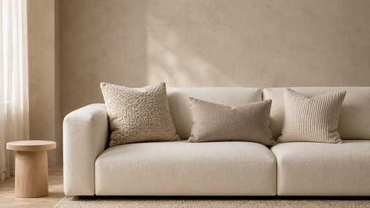 Minimal sofa with layered textured pillows creating perceived seating depth in a calm interior.