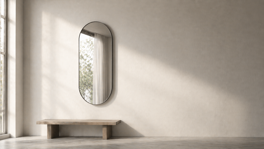 Minimal room with a wall-mounted mirror reflecting soft indirect light, creating balanced depth and clear spatial structure.