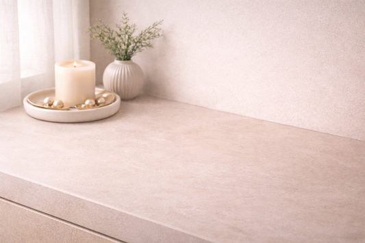 High-end minimalist interior scene with a single candle and neutral ceramic vase on a stone surface, soft natural light creating calm atmosphere and spatial depth