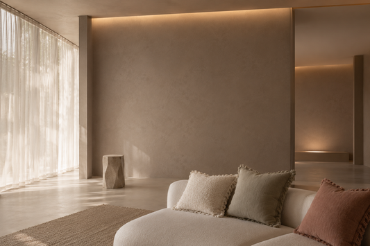 Layered textured pillows softening visual tension through indirect light in a calm seating area.