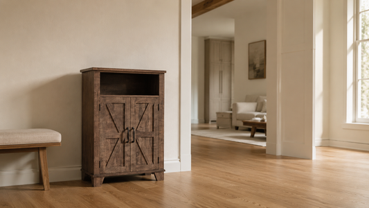 Farmhouse-style storage cabinet positioned beside an open walkway to maintain visual room flow.