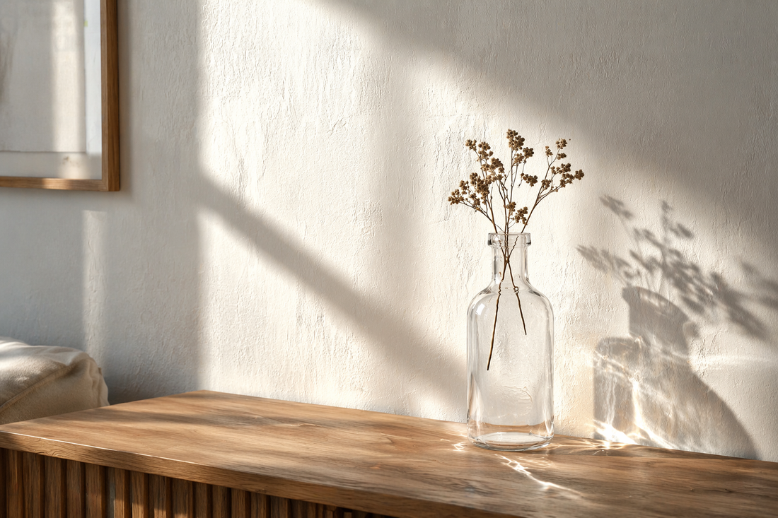 Minimal wooden table with a transparent glass vase creating light-based hierarchy through soft reflections and shadows.