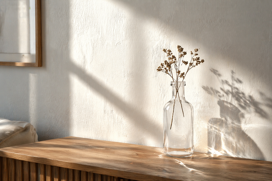 Minimal wooden table with a transparent glass vase creating light-based hierarchy through soft reflections and shadows.