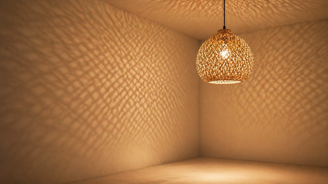 Woven ceiling light diffusing light to create soft shadow transitions across a neutral wall.