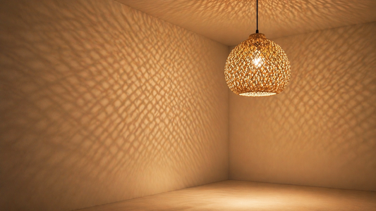 Woven ceiling light diffusing light to create soft shadow transitions across a neutral wall.