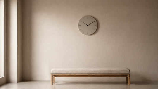 Minimal wall clock aligned above a low bench with soft indirect lighting creating a continuous and balanced wall composition.