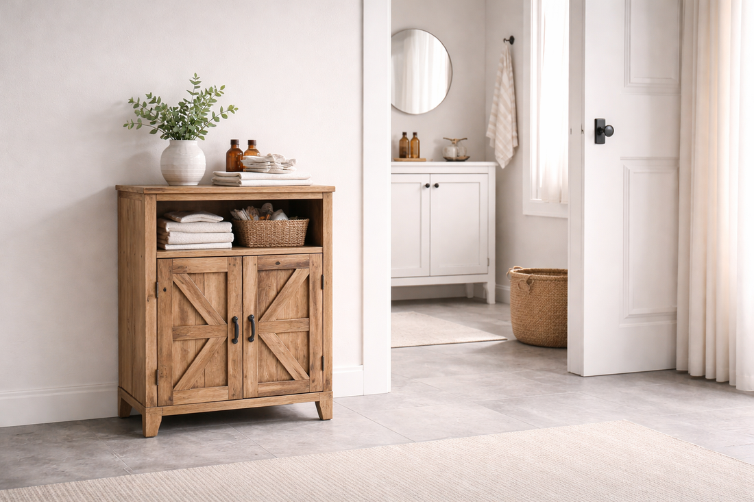When organization feels natural featuring a rustic wooden storage cabinet with towels and a plant in a bright bathroom setting