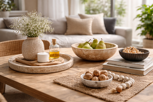 When tables feel complete with a round stone tray, fresh pears in a bowl, and small floral vase on a natural wooden coffee table
