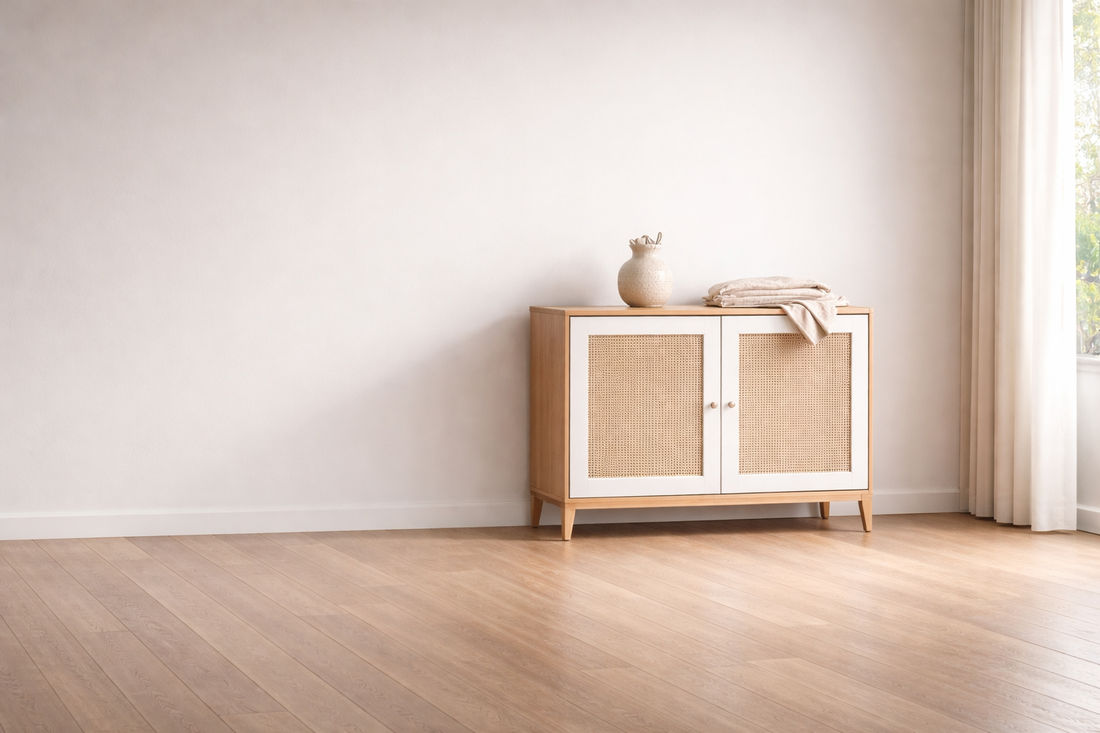 Why smart storage makes homes feel larger featuring a minimal rattan sideboard cabinet in a bright and airy room