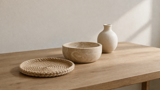 Why table decor improves everyday living with travertine stone bowl, jute coaster, and beige ceramic vase on wooden table