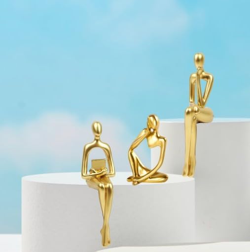 Gold Home Decor Thinker Statue Accents, Set of 3 Thinker Sculptures Office Decor Modern Abstract Resin Decoration on Shelf Table Desk for Living Room Office Bedroom (Large Gold)