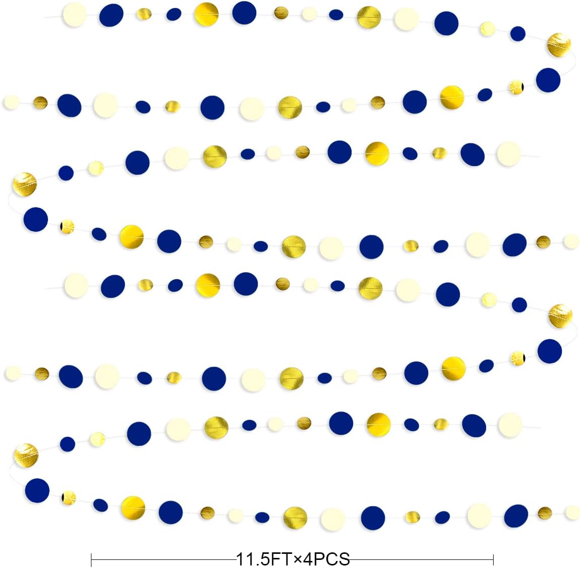 46 Ft Navy Blue and Gold Circle Dots Garland Royal Blue Hanging Paper Polka Dot Streamer for Birthday Wedding Bridal Baby Shower Graduations Nautical Ahoy Achor Pirate Theme Party Decorations Supplies