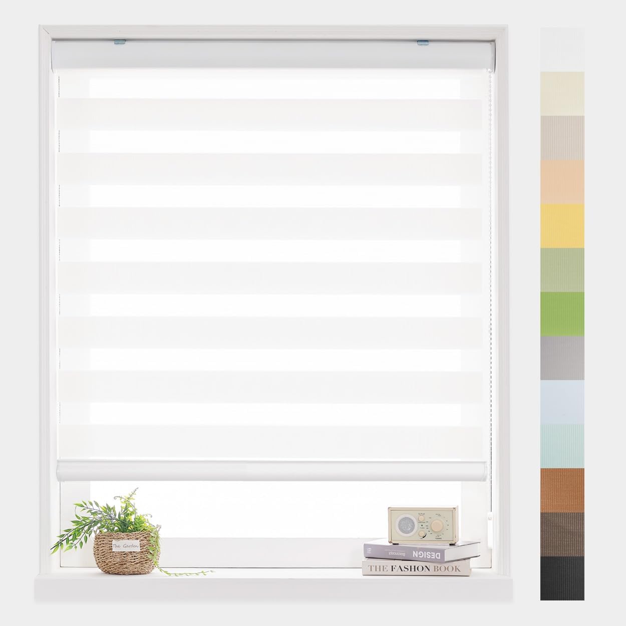 Foiresoft Standard Zebra Roller Blinds for Windows [W50 x H64 Inch, White, Basic], Light Filtering Dual Layer Shades for Bedroom, Living Room, Office, 13 Colors