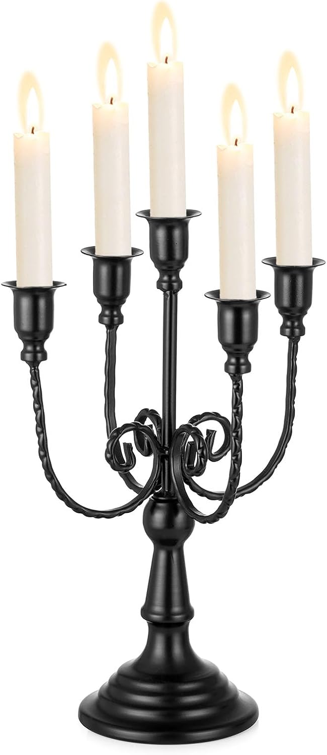 Candelabra Black Candle Holders - 5 Arms Candlestick Centerpiece for Tables Vintage Candleholder Stand for Halloween Thanksgiving Decor
