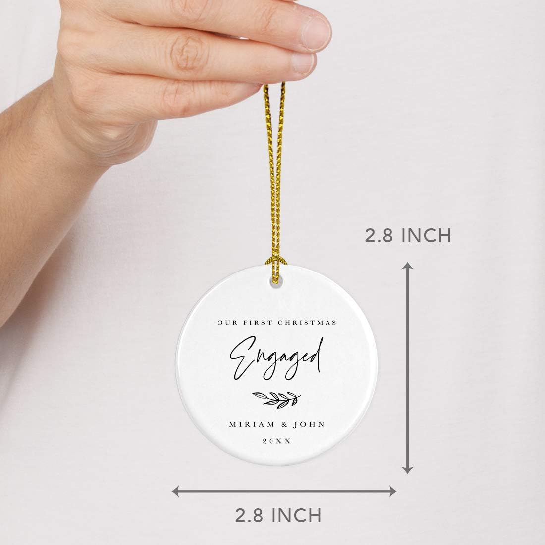 Andaz Press Personalized Wedding Engagement Round Ceramic Porcelain Christmas Ornament Engagement Keepsake Collectible Gift, Our First Christmas Engaged, Miriam & John 2024, Antique Handdrawn, 1-Pack