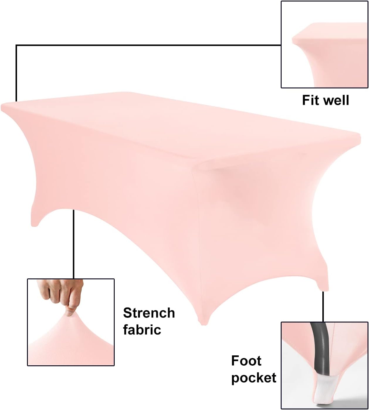 2Pack Spandex Waterproof Table Covers 8ft，Spandex 8ft Waterproof Table Cover for Party,Wedding, Banquet, and Events(Blush Pink)