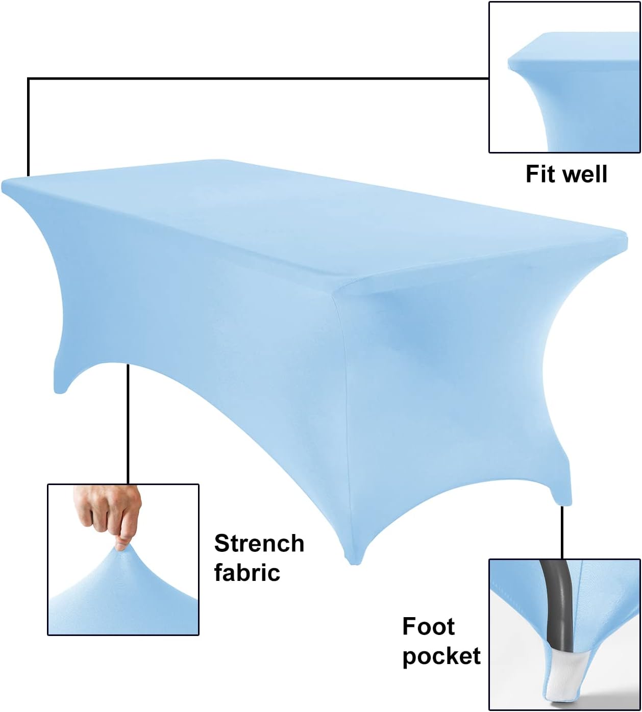4Pack Spandex Waterproof Table Covers 8ft，Spandex 8ft Waterproof Table Cover for Party,Wedding, Banquet, and Events(Blue Mist)