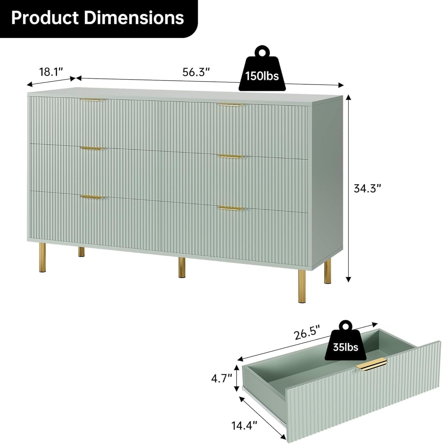 GAOMON 6 Drawer Dresser, Wood Chest of Drawers Organizer Storage with Gold Handle, Large Storage Cabinet, Modern Design Dresser for Bedroom, Living Room, Closet, Hallway, Entryway, Green
